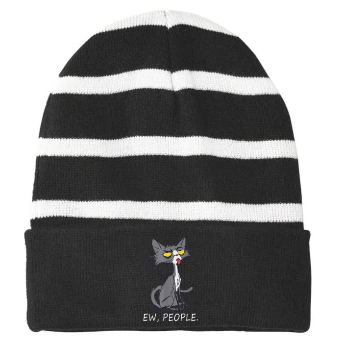 Funny Cat Ew People Meowy Cat Lovers Striped Beanie with Solid Band