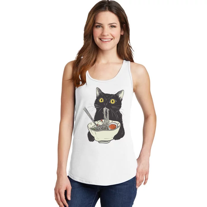 Funny Cat Eating Ramen Vintage Japanese Noodles Ladies Essential Tank