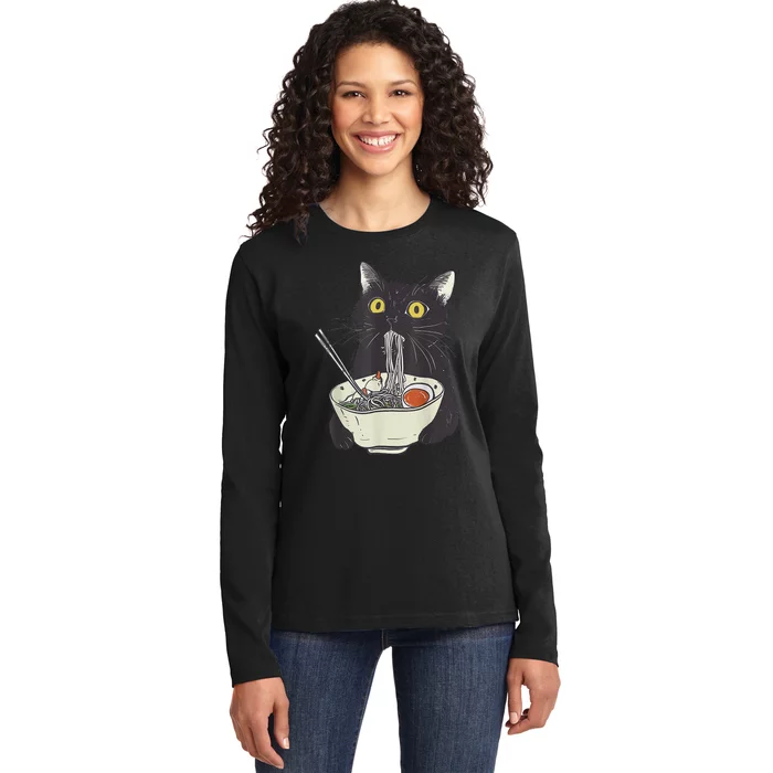 Funny Cat Eating Ramen Vintage Japanese Noodles Gift Ladies Long Sleeve Shirt