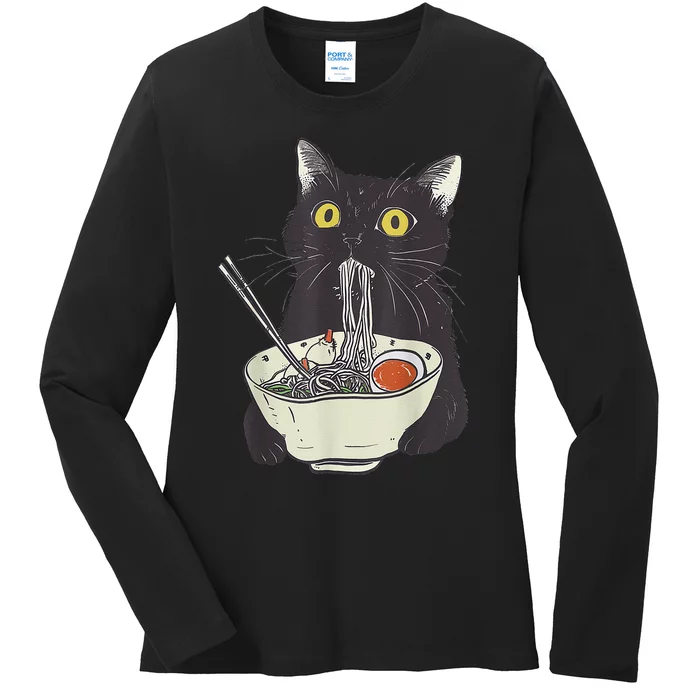 Funny Cat Eating Ramen Vintage Japanese Noodles Gift Ladies Long Sleeve Shirt