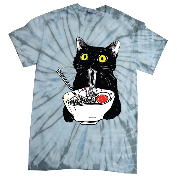 Funny Cat Eating Ramen Vintage Japanese Noodles Tie-Dye T-Shirt