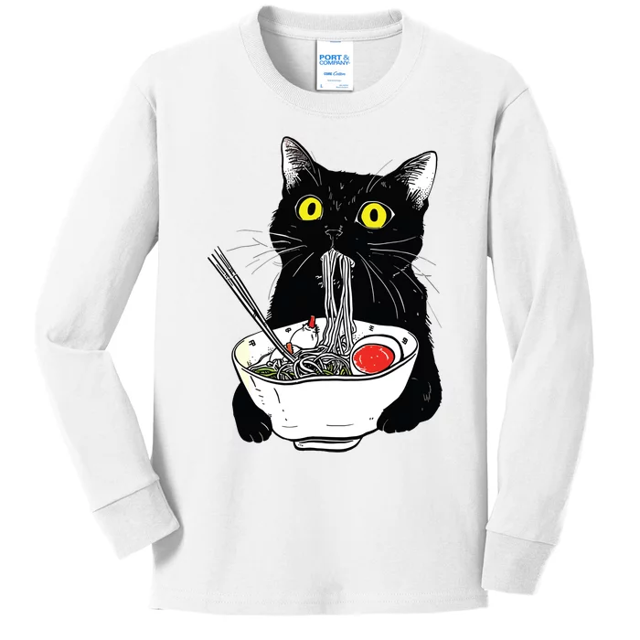 Funny Cat Eating Ramen Vintage Japanese Noodles Kids Long Sleeve Shirt