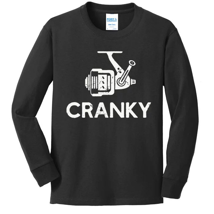 Funny Cranky Fishing Reel Pun Humor Fishermen Kids Long Sleeve Shirt