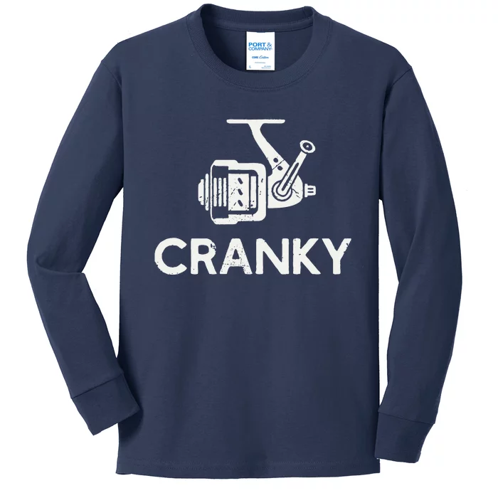 Funny Cranky Fishing Reel Pun Humor Fishermen Kids Long Sleeve Shirt