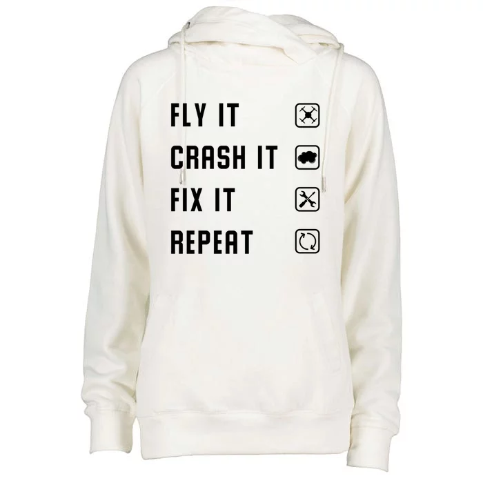 Fly Crash Fix Repeat Drone Pilot Cute Gift Womens Funnel Neck Pullover Hood