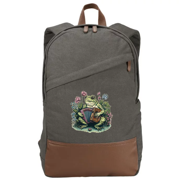 funny Cottagecore Frog Playing Accordion Cotton Canvas Backpack