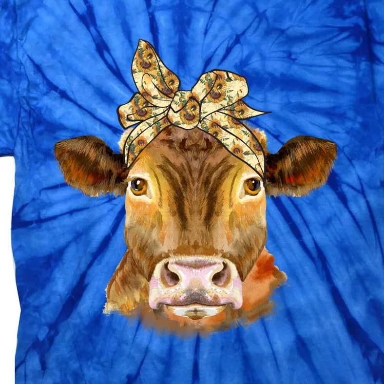 Funny Cow Face With Sunflower Headband Bandana Heifer Farmer Gift Tie-Dye T-Shirt