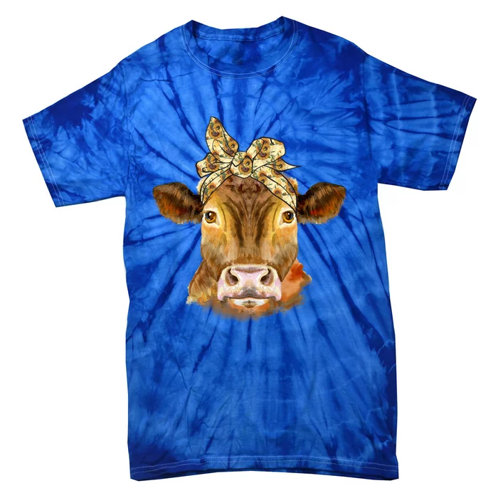 Funny Cow Face With Sunflower Headband Bandana Heifer Farmer Gift Tie-Dye T-Shirt