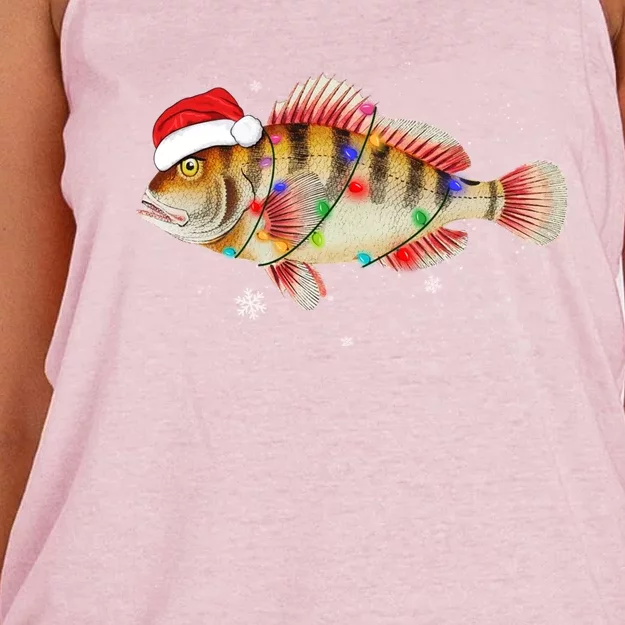 Funny Christmas Fishing Bass With Santa Hat Xmas Fishing Tee Gift Women's Knotted Racerback Tank