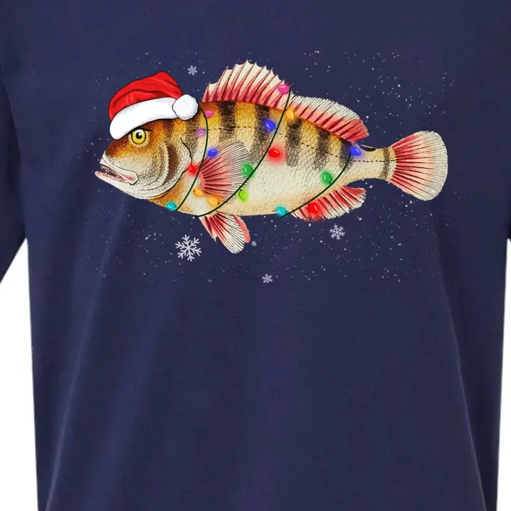 Funny Christmas Fishing Bass With Santa Hat Xmas Fishing Tee Gift Sueded Cloud Jersey T-Shirt