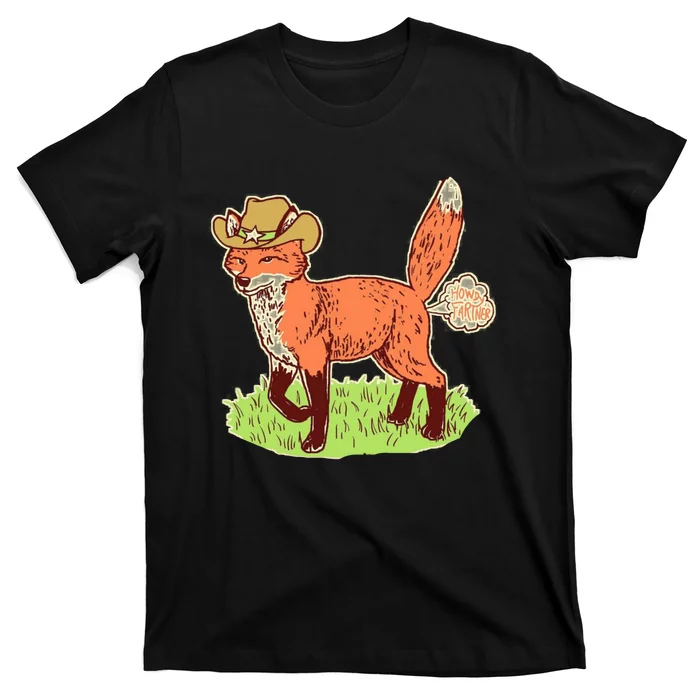 Funny Cartoon Fox As A Farmer Cowboy Wolf T-Shirt