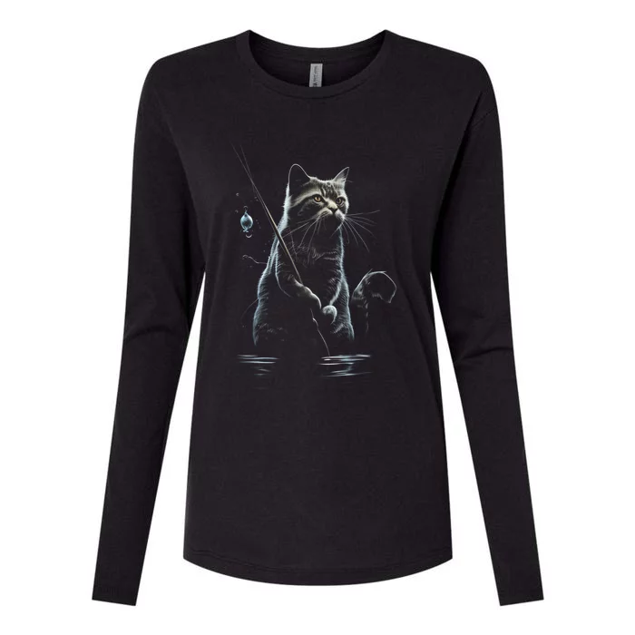 Fishing Cat Funny Cat Lover Fisher Gift Womens Cotton Relaxed Long Sleeve T-Shirt