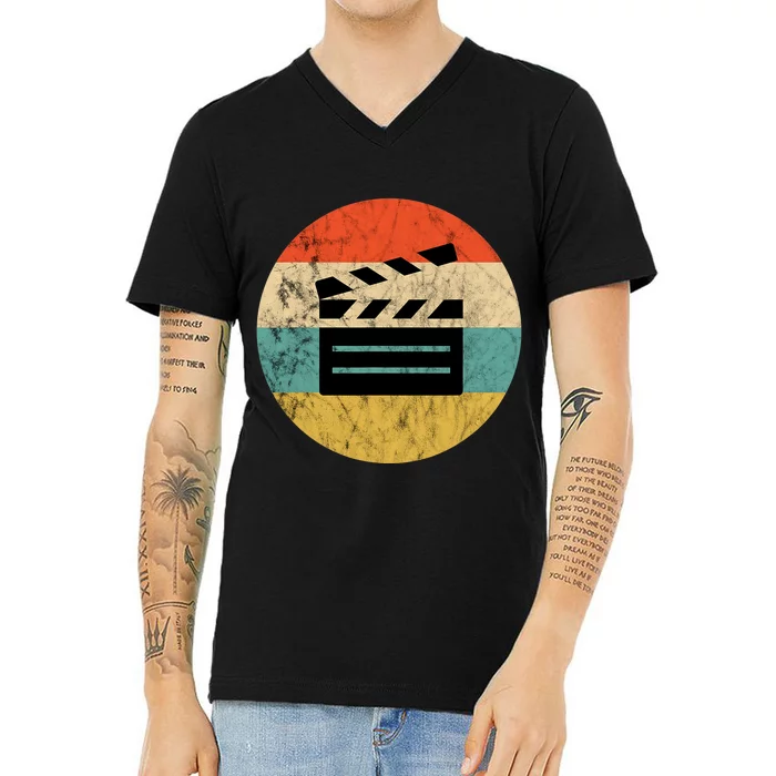 Filmmaker Clapboard Film Director Lover Retro Vintage Sunset V-Neck T-Shirt