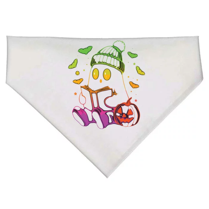 Funny Cute Ghost Book Reading Halloween Glow Teacher USA-Made Doggie Bandana