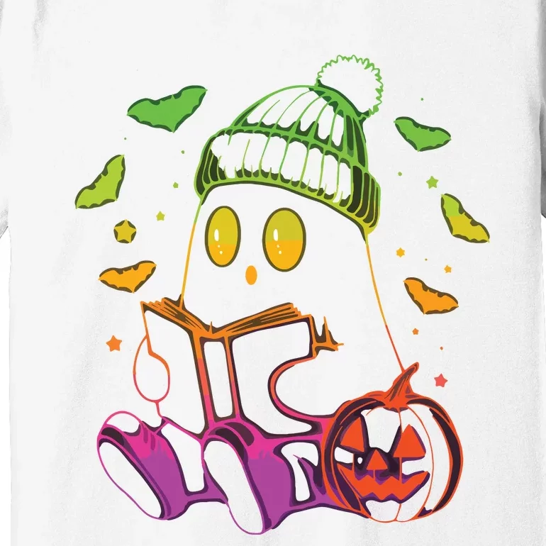 Funny Cute Ghost Book Reading Halloween Glow Teacher Premium T-Shirt