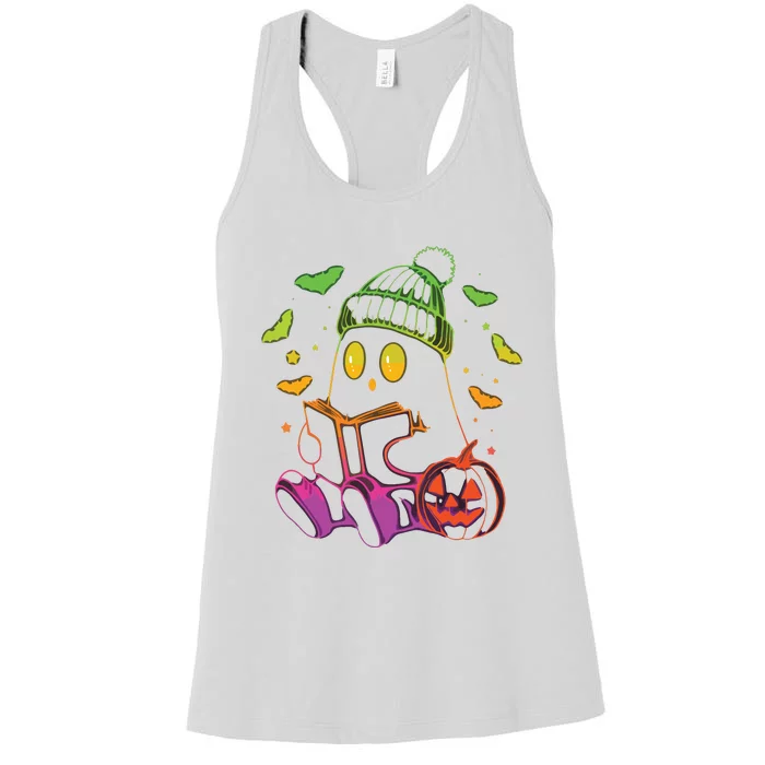 Funny Cute Ghost Book Reading Halloween Glow Teacher Women's Racerback Tank