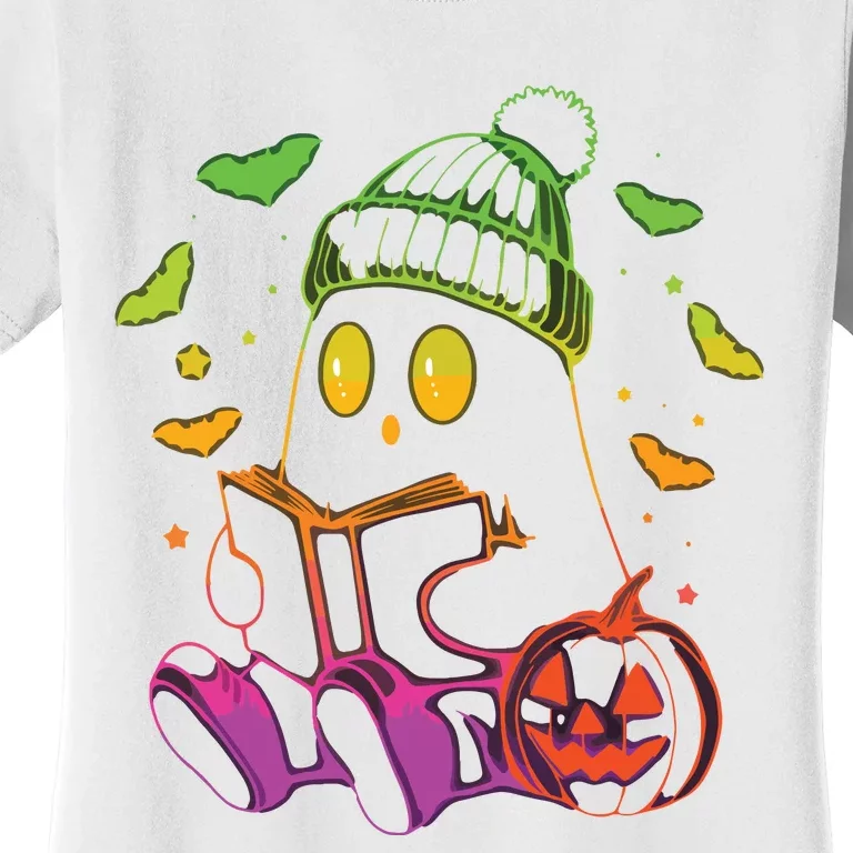 Funny Cute Ghost Book Reading Halloween Glow Teacher Women's T-Shirt