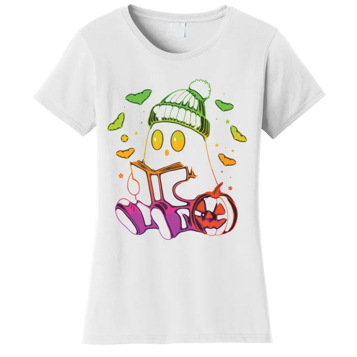 Funny Cute Ghost Book Reading Halloween Glow Teacher Women's T-Shirt