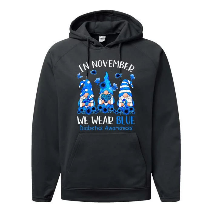 Funny cute Gnomes wear blue for Type1 Diabetes Awareness Performance Fleece Hoodie