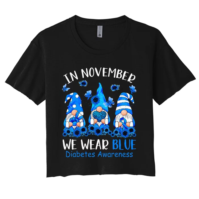 Funny cute Gnomes wear blue for Type1 Diabetes Awareness Women's Crop Top Tee