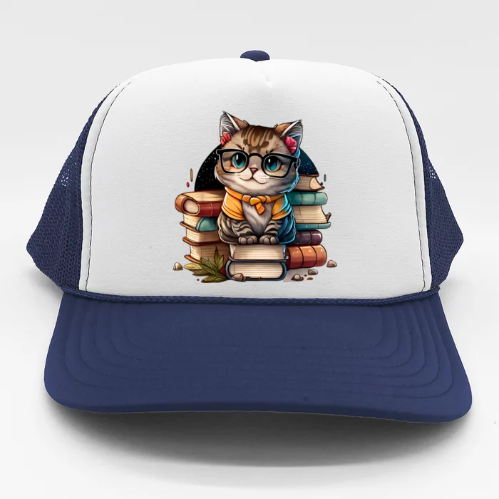 Funny Cat Gift For Kitten Lovers Cute Cat Librarian Book Trucker Hat