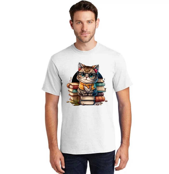 Funny Cat Gift For Kitten Lovers Cute Cat Librarian Book Tall T-Shirt