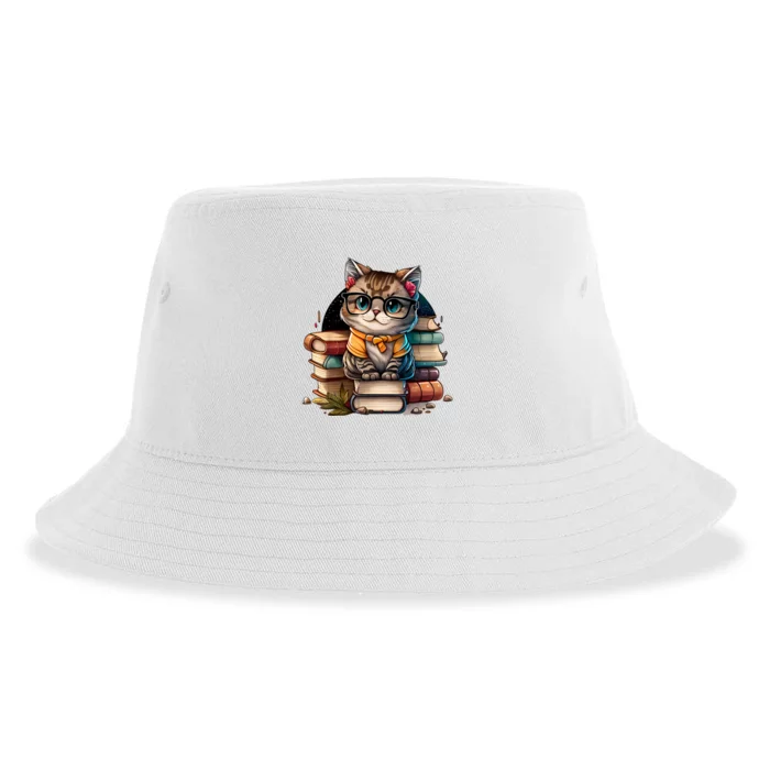 Funny Cat Gift For Kitten Lovers Cute Cat Librarian Book Sustainable Bucket Hat