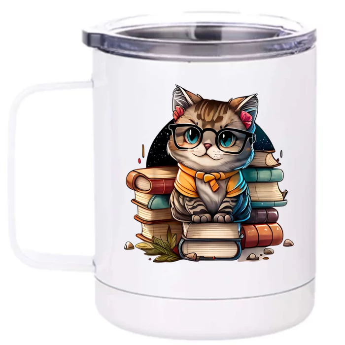 Funny Cat Gift For Kitten Lovers Cute Cat Librarian Book Front & Back 12oz Stainless Steel Tumbler Cup