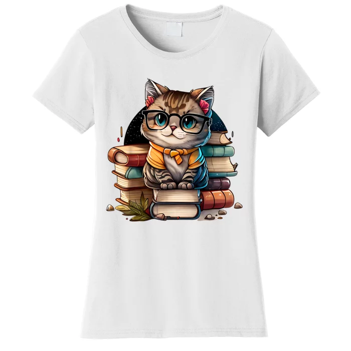 Funny Cat Gift For Kitten Lovers Cute Cat Librarian Book Women's T-Shirt