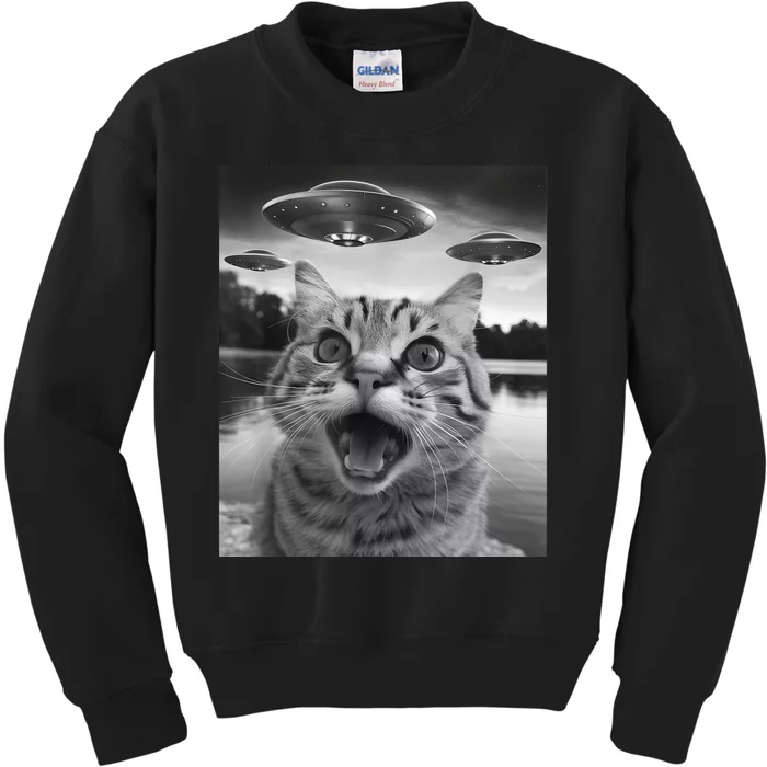 Funny Cat Graphic Ufo Weird Kids Sweatshirt