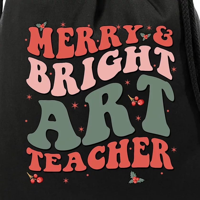 Funny Christmas Groovy Merry And Bright Art Teacher Costume Drawstring Bag