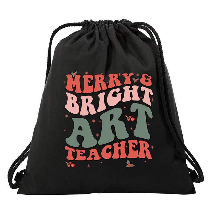 Funny Christmas Groovy Merry And Bright Art Teacher Costume Drawstring Bag