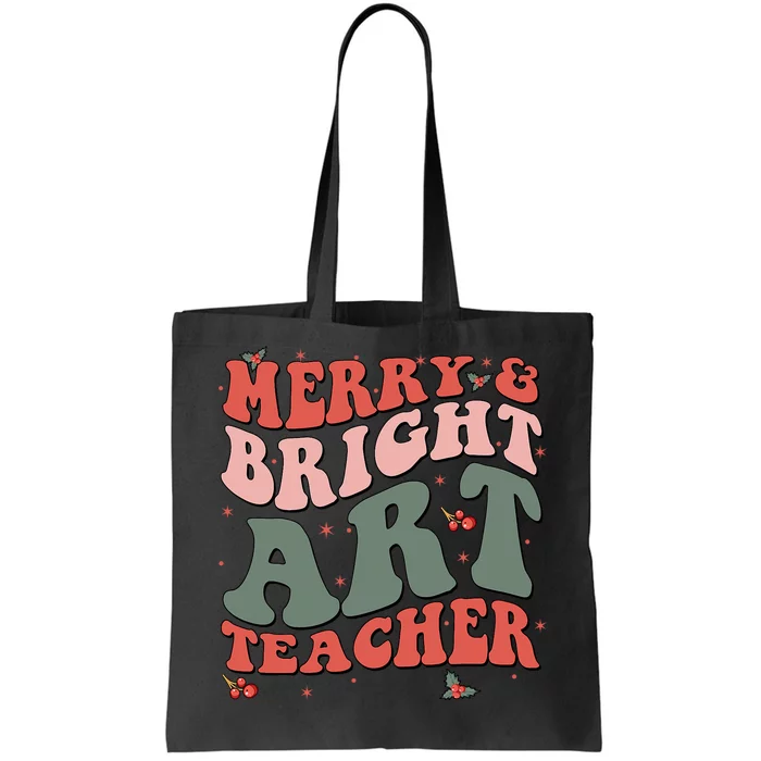 Funny Christmas Groovy Merry And Bright Art Teacher Costume Tote Bag