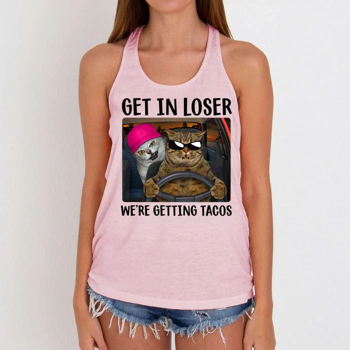 Funny Cats Get In Loser We're Getting Tacos Women's Knotted Racerback Tank