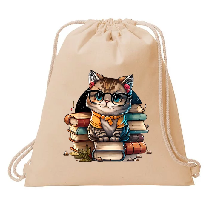 Funny Cat Gift For Kitten Lovers Cute Cat Librarian Book Drawstring Bag