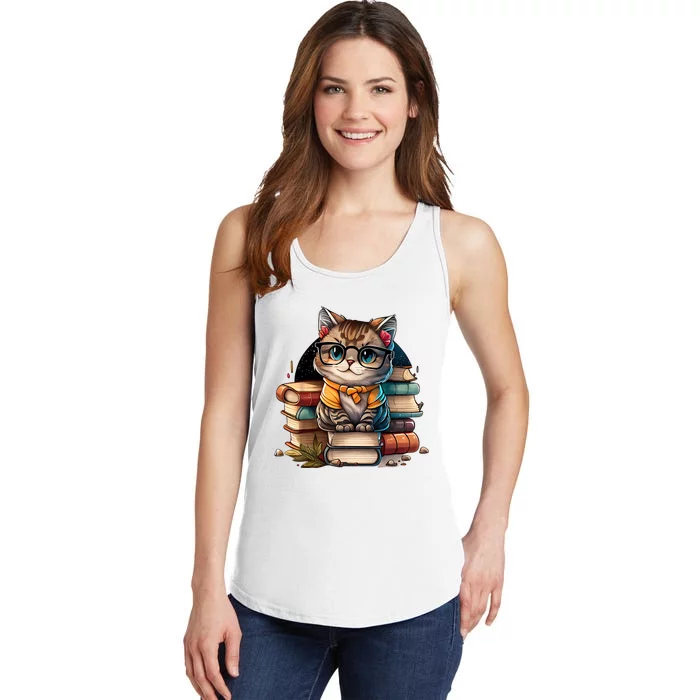 Funny Cat Gift For Kitten Lovers Cute Cat Librarian Book Ladies Essential Tank