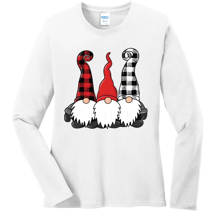 Funny Christmas Gnomes Buffalo Plaid Gnome Ladies Long Sleeve Shirt