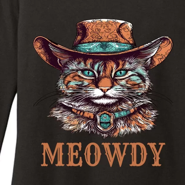 Funny Cat Graphic Howdy Western Cowboy Cowgirl Meowdy Cat Womens CVC Long Sleeve Shirt