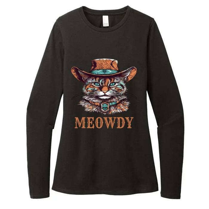 Funny Cat Graphic Howdy Western Cowboy Cowgirl Meowdy Cat Womens CVC Long Sleeve Shirt