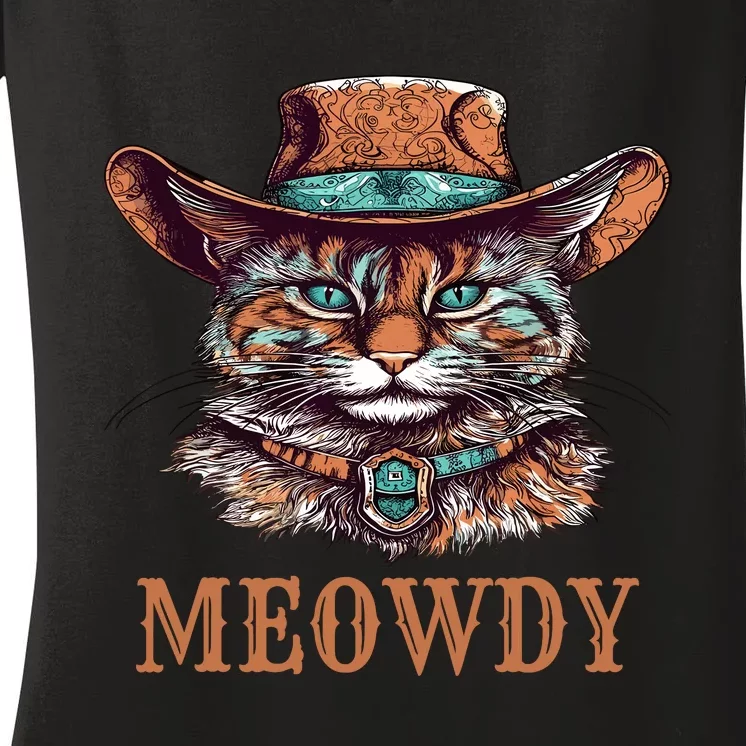 Funny Cat Graphic Howdy Western Cowboy Cowgirl Meowdy Cat Women's V-Neck T-Shirt