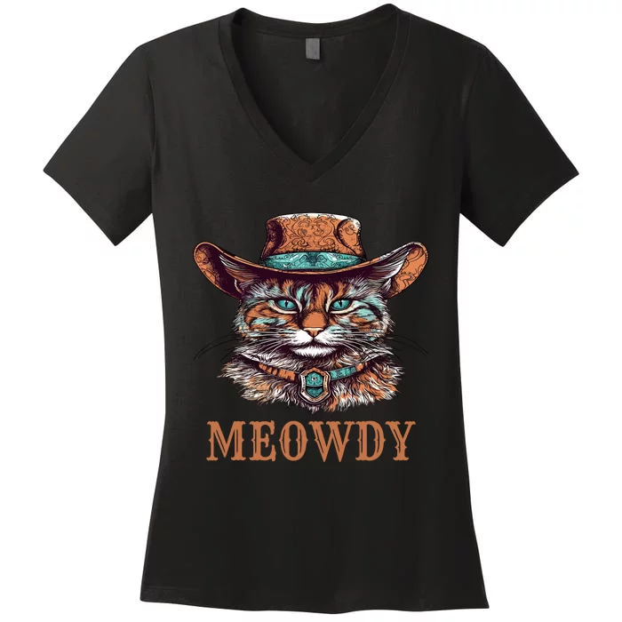 Funny Cat Graphic Howdy Western Cowboy Cowgirl Meowdy Cat Women's V-Neck T-Shirt