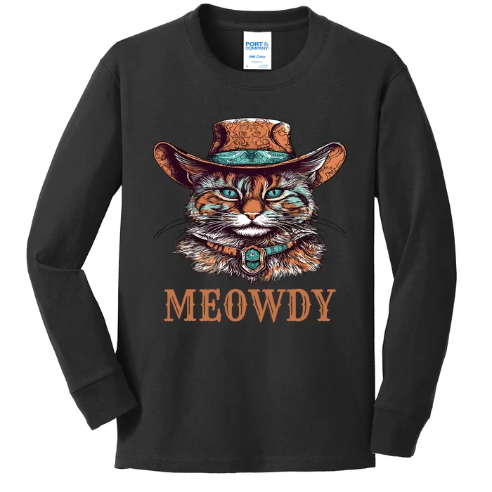 Funny Cat Graphic Howdy Western Cowboy Cowgirl Meowdy Cat Kids Long Sleeve Shirt