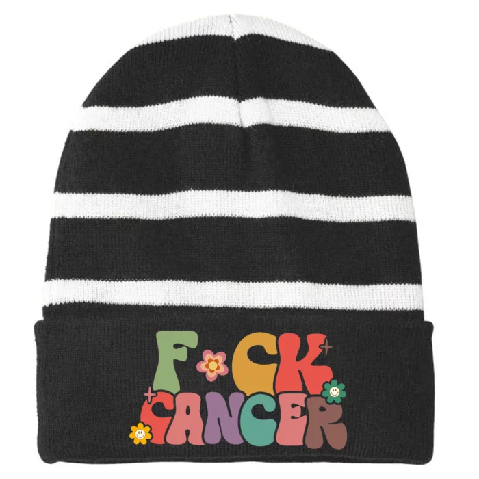 Fuck Cancer Groovy Retro Striped Beanie with Solid Band