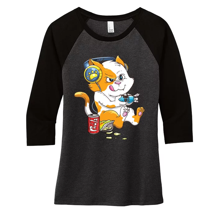 Funny Cat Gaming Cat Lover Kawaii Video Games Funny Gamer Women's Tri-Blend 3/4-Sleeve Raglan Shirt