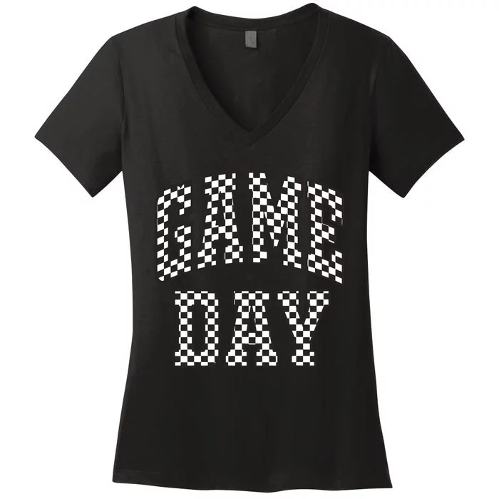 Funny Checkered Game Day Football Black White Gift Women Women's V-Neck T-Shirt