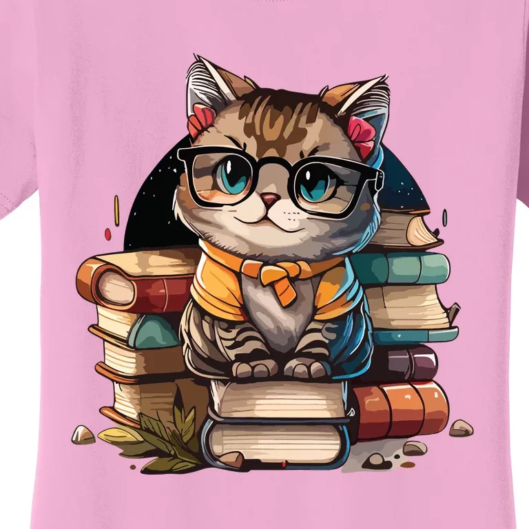 Funny Cat Gift For Kitten Lovers Cute Cat Librarian Book Women's T-Shirt