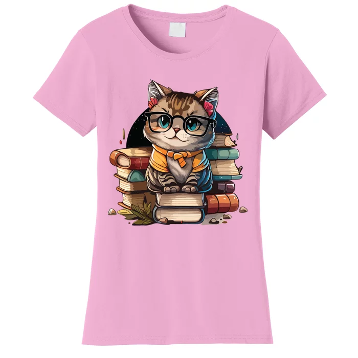 Funny Cat Gift For Kitten Lovers Cute Cat Librarian Book Women's T-Shirt