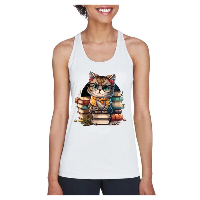 Funny Cat Gift For Kitten Lovers Cute Cat Librarian Book Women's Racerback Tank