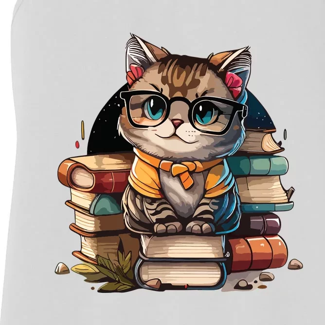 Funny Cat Gift For Kitten Lovers Cute Cat Librarian Book Women's Racerback Tank