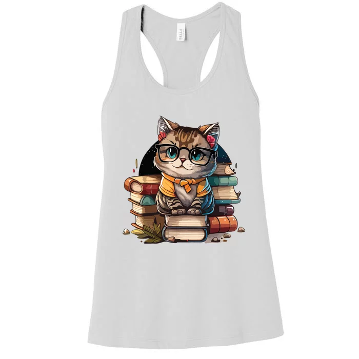 Funny Cat Gift For Kitten Lovers Cute Cat Librarian Book Women's Racerback Tank